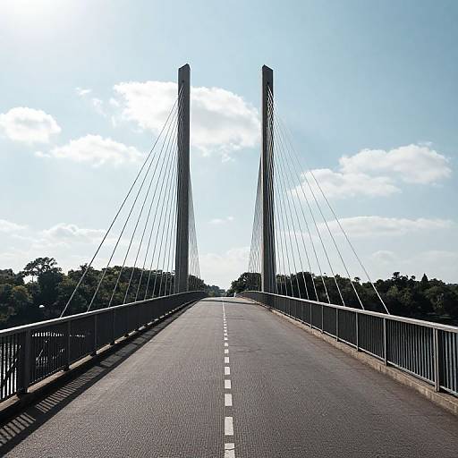 Photograph of a modern suspension bridge with tall vertical cables, clear blue sky, white clouds, and a straight asphalt road.