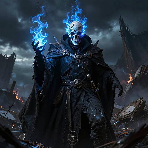Dark, gothic digital artwork of a skeletal figure with blue fiery eyes and hands, wearing a tattered black cloak, standing amidst a ruined, fiery