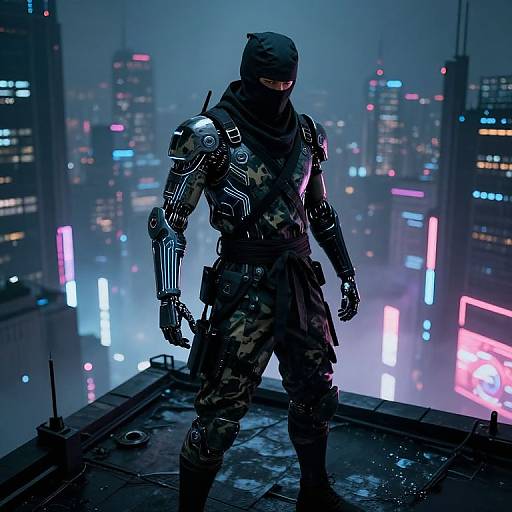 Cybernetic warrior in black camo gear and mask, standing on rooftop at night, neon cityscape with foggy skyscrapers in background