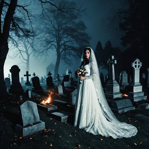 Eerie Foggy Graveyard with Ghostly Bride