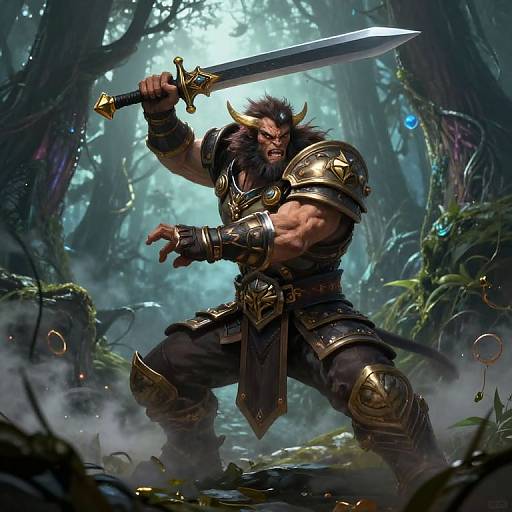 Muscular minotaur warrior with golden armor, holding a sword, in a misty, enchanted forest. Fantasy digital artwork, fierce stance.
