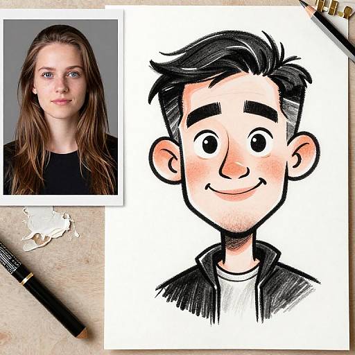 Photograph of a young woman with long brown hair next to a cartoon-style drawing of a smiling man with black hair. Art supplies and a torn paper
