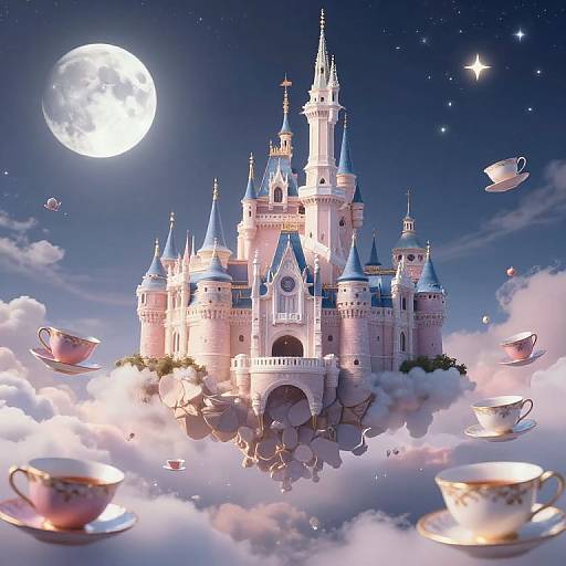 Fantastical digital artwork of a glowing, blue-turreted castle floating in clouds under a full moon, surrounded by floating teacups.