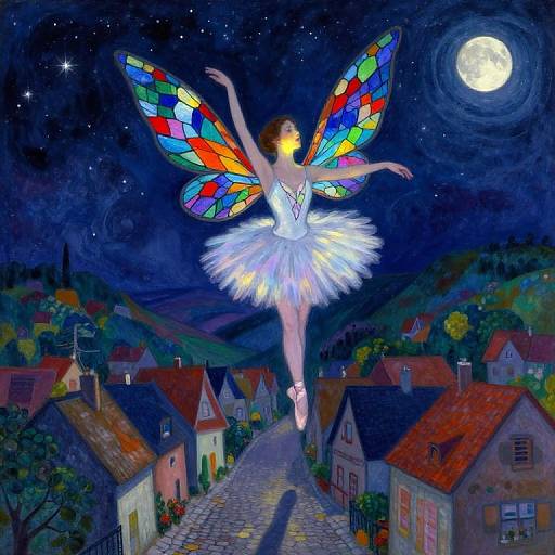 Digital painting of a fairy-like ballerina with colorful, stained-glass wings, floating above a quaint, moonlit village under a starry night
