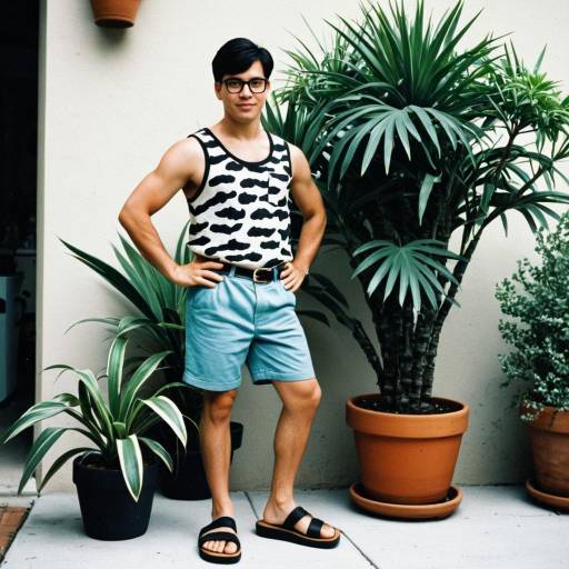 Young man standing near potted plants in casual summer outfit