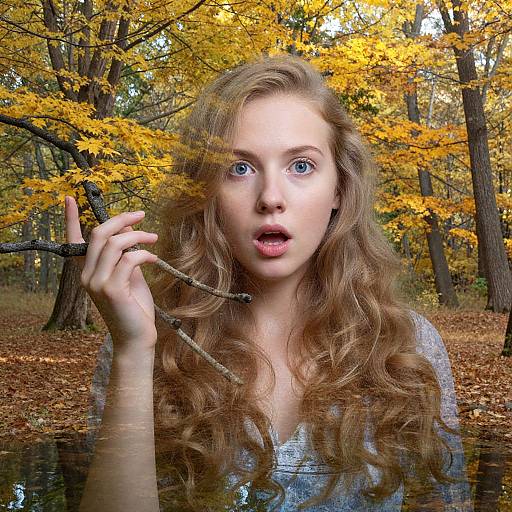 Photograph of a surprised young woman with long, wavy auburn hair, blue eyes, and light skin, holding a twig, standing in