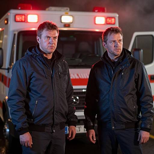 Two Men in Rain Jackets by Emergency Vehicle at Night