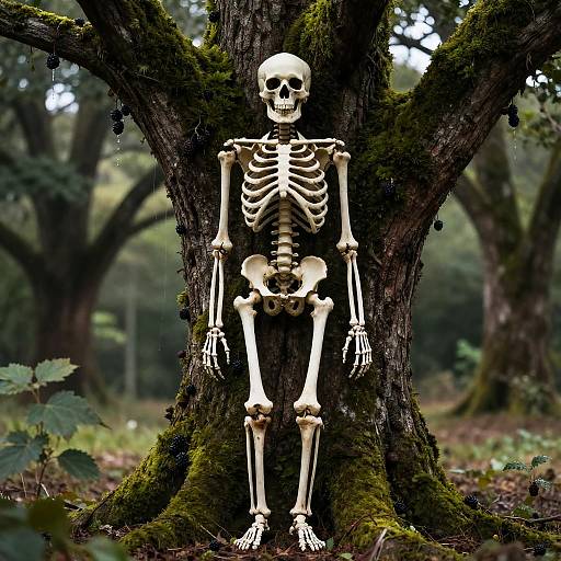 Skeleton Against Mossy Tree with Dripping Blackberries