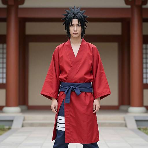 Photograph of a young man with spiky black hair, wearing a red kimono with a blue sash, standing in front of a traditional Japanese