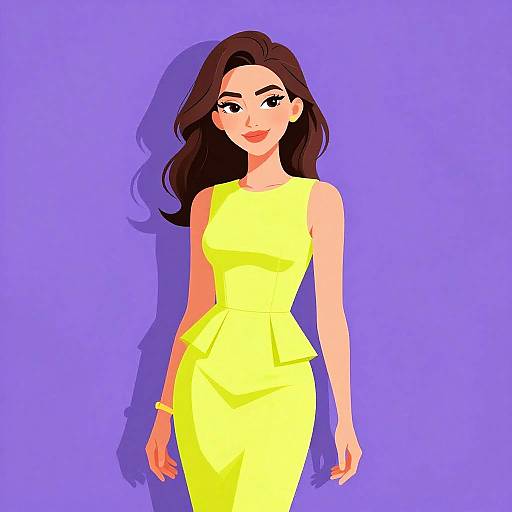 Digital illustration of a smiling woman with long brown hair, wearing a bright yellow sleeveless dress, against a solid purple background.