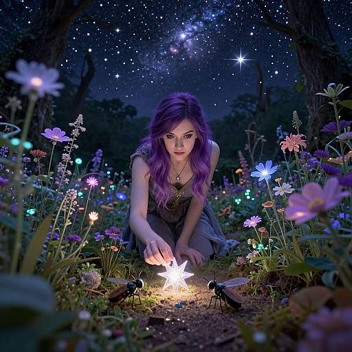 Photograph-style digital art: Purple-haired woman kneels in a starlit forest, lighting a firefly with glowing flowers and butterflies around her.