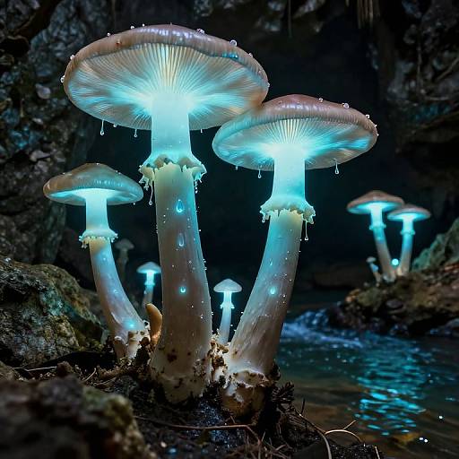 Photograph of glowing blue mushrooms with translucent caps, surrounded by dark rocky terrain and a reflective water surface, illuminated by ethereal bioluminescence.