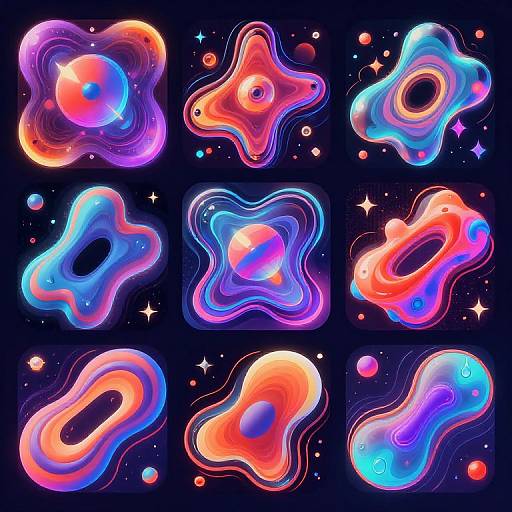 Digital art of nine vibrant, neon-colored, abstract, cosmic shapes resembling planets, each with glowing highlights and surrounded by stars and dots.