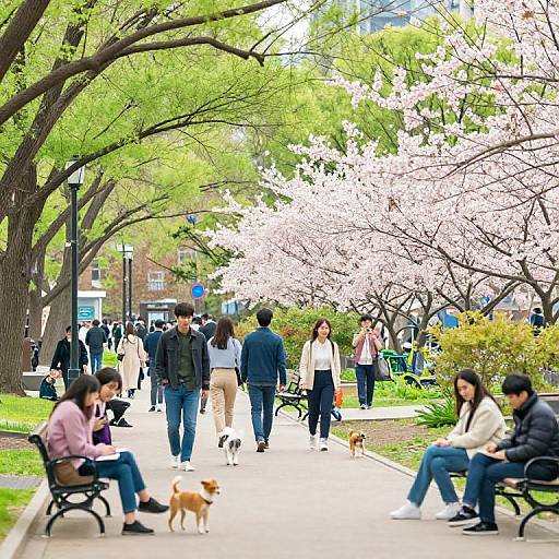 Photograph of a busy urban park with people walking and sitting on benches, surrounded by blooming cherry blossom trees, greenery, and a small dog