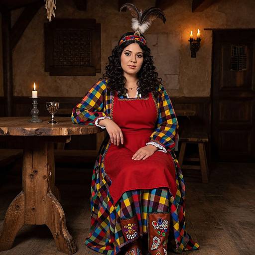 Photograph of a woman with curly black hair, wearing a red dress, plaid shawl, and feathered headband, seated in a dim