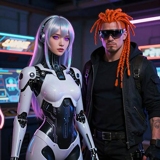 Cyberpunk Duo in Neon Arcade