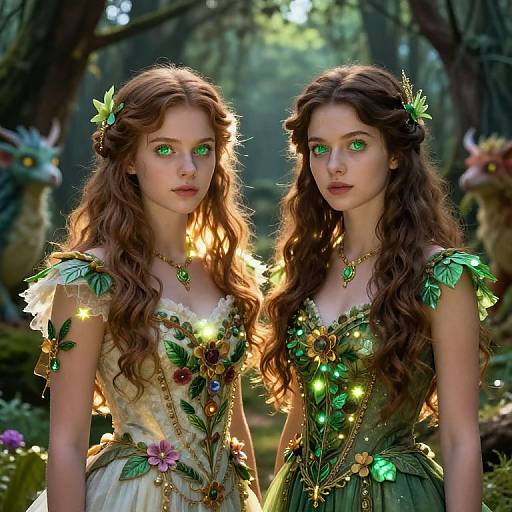 Photorealistic CGI of two fair-skinned, green-eyed, long brown-haired sisters in glowing forest-themed dresses with leaf and flower decorations, standing in