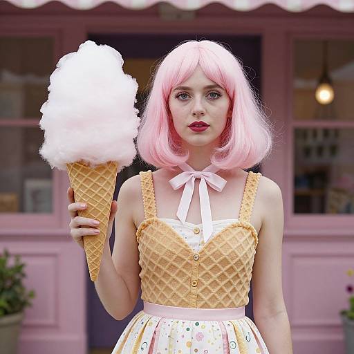 Digital art: Pink-haired woman in yellow waffle dress and polka dot skirt, holding a fluffy ice cream cone, in front of a pink storefront