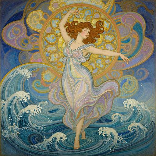 Artistic painting of a dancing, curly-haired woman in a flowing, pastel dress, surrounded by swirling waves and a vibrant, sun-like circular pattern