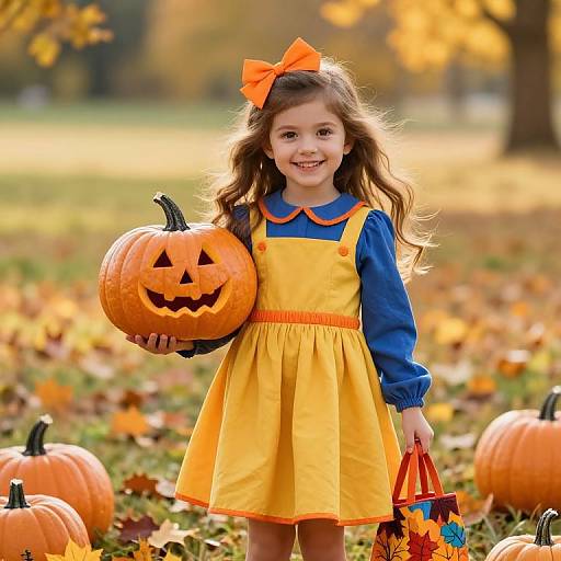 Joyful Autumn Girl with Pumpkin