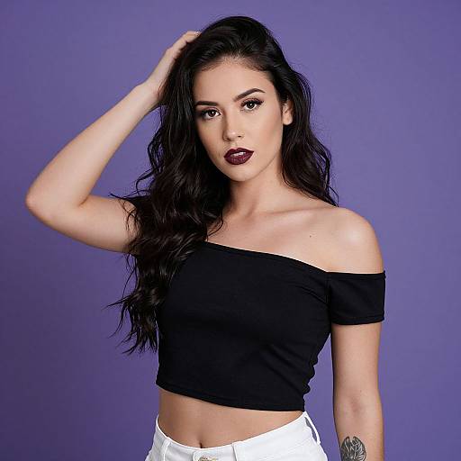 Photograph of a young woman with long black hair, wearing a black off-shoulder top and white pants, against a blue background. She has