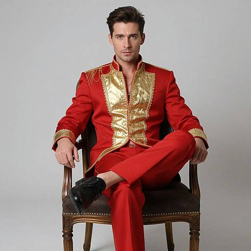 Photograph of a handsome man with short dark hair, sitting in a wooden chair, wearing a shiny gold-trimmed red velvet suit, black shoes