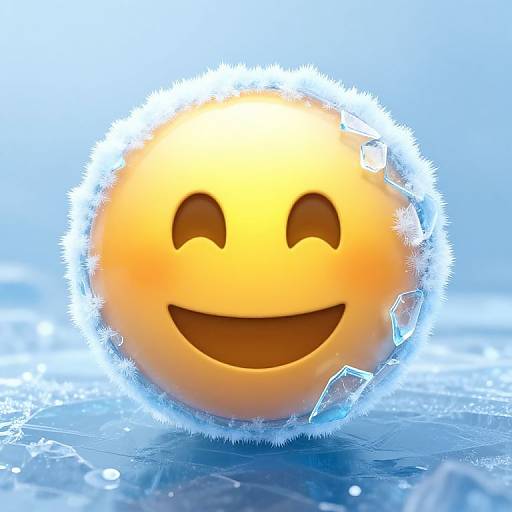CGI image of a glowing, orange, smiling sun-like emoji encased in icy, electric blue light, floating on a textured, frosty surface