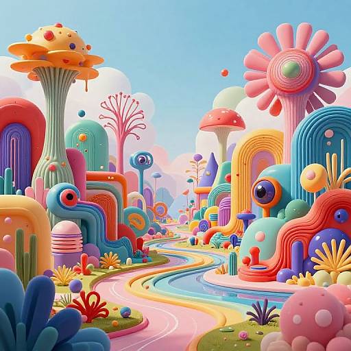 Vibrant digital artwork of a surreal, colorful landscape with abstract, oversized mushrooms, flowers, and geometric structures along a winding path.