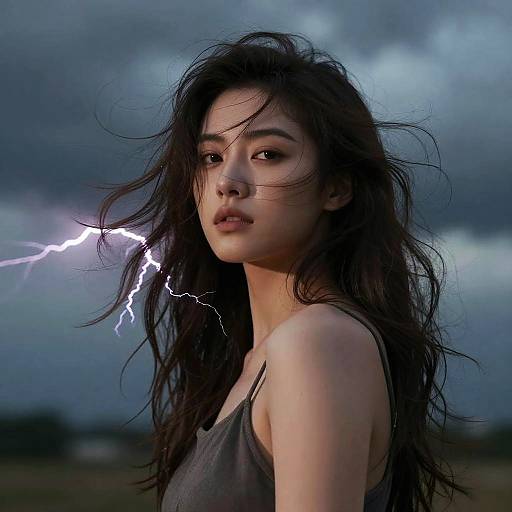 Photograph of a beautiful Asian woman with long, wind-swept black hair, wearing a grey tank top, standing in a stormy field with