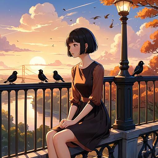 Girl Sitting on Railing at Sunset with Birds