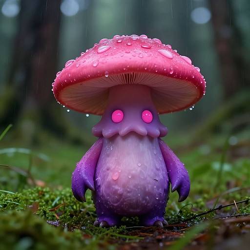Photograph of a whimsical, purple, mushroom-like creature with glowing pink eyes, water droplets on its pink cap, standing in a rain-so