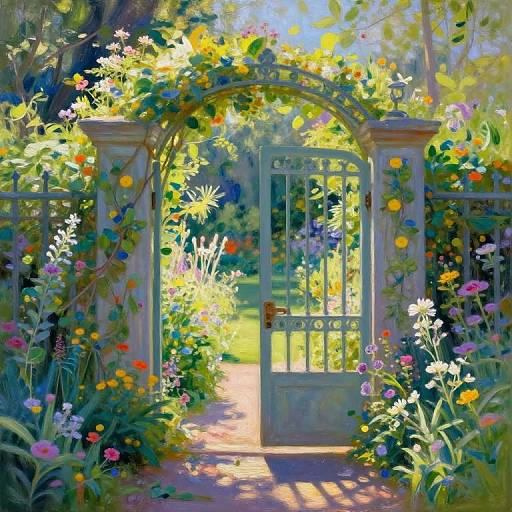Digital painting of a sunlit, colorful garden gate archway, adorned with vibrant flowers and greenery, leading to a bright, sunny path beyond.
