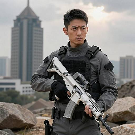 Determined Warrior in Futuristic Landscape