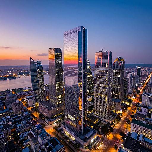 Photograph of a cityscape at sunset, showcasing tall illuminated skyscrapers with reflections of the orange and blue sky, surrounded by bustling streets and a
