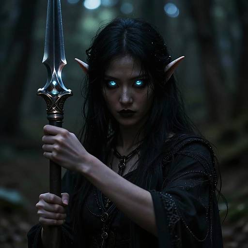 Digital art of a dark elf with glowing blue eyes, long wet black hair, and pointed ears, holding a silver trident in a shadowy forest