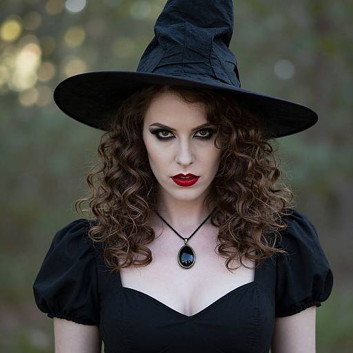 Photograph of a pale woman with curly brown hair, wearing a black witch hat, red lipstick, black dress, and pendant, against a blurred green