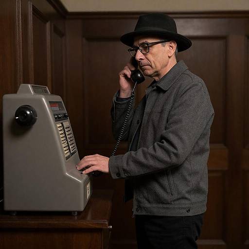 Man Using Old-Fashioned Phone Machine