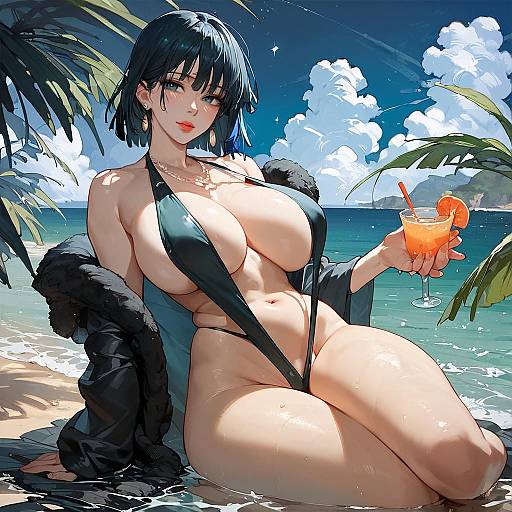Anime Woman in Slingshot Swimsuit on Beach