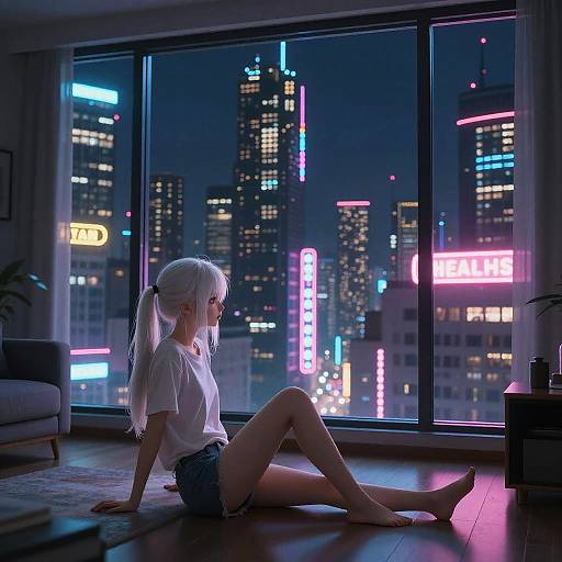 Cyberpunk Girl Sitting Indoors at Night