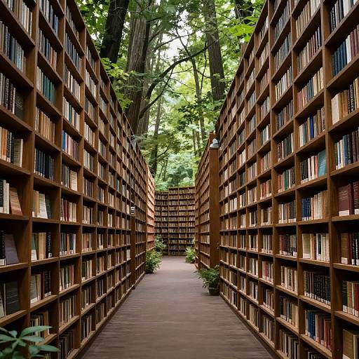 Photograph of a serene library aisle, lined with tall, wooden bookshelves filled with books, flanked by green trees overhead.