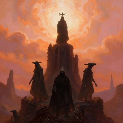 Digital painting of a silhouetted figure with three robed, hooded companions standing before a towering, sunlit, gothic structure against a