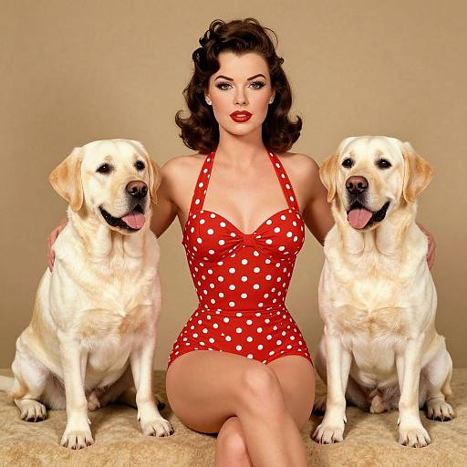 Photograph of a fair-skinned woman with red lipstick, dark wavy hair, wearing a red polka dot swimsuit, sitting between two golden