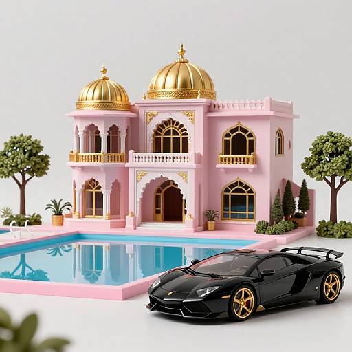 Photorealistic CGI image of a pink, golden-domed mansion with arched windows, beside a blue pool, and a sleek black sports car with