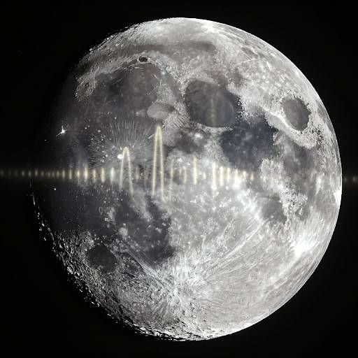 Digital artwork of a detailed, white, textured full moon with a superimposed, glowing, vertical line graph against a black background.