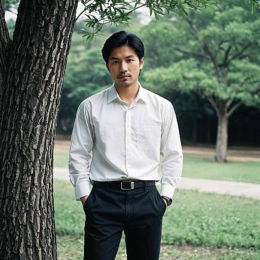 Asian Man in White Shirt Standing Outdoors