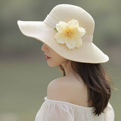 Photograph of an Asian woman with long dark hair, wearing a white off-shoulder top and a wide-brimmed straw hat adorned with a