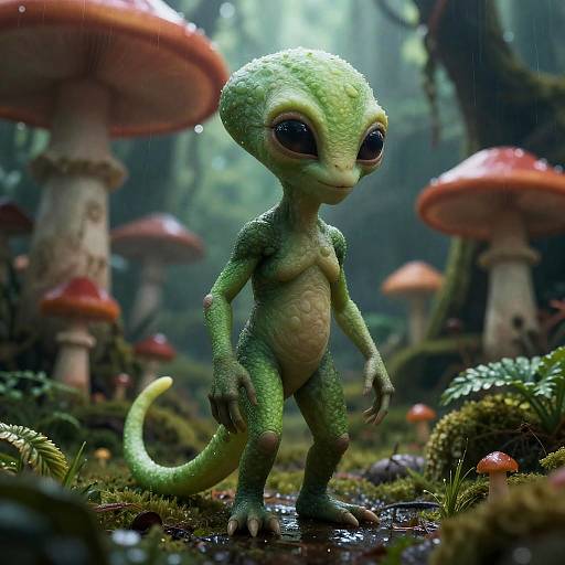 Innocent Green Alien in Bioluminescent Forest