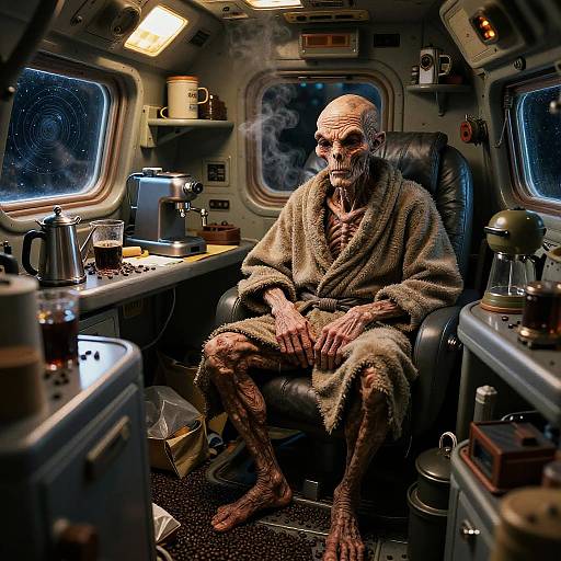 Old Alien Man in Cluttered Spaceship Galley