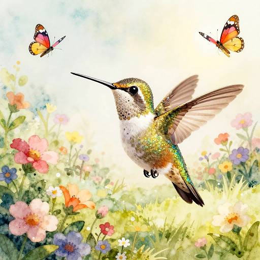 Cheerful Hummingbird in Whimsical Garden