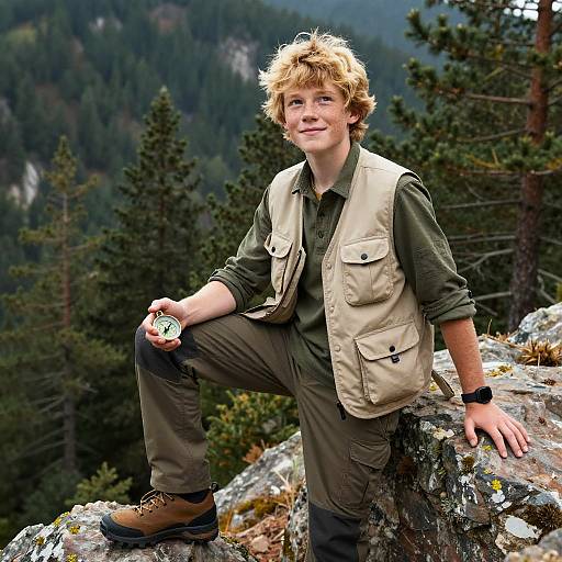 Photograph of a smiling young man with tousled blonde hair, wearing a green shirt, beige vest, and brown hiking boots, sitting on a rocky